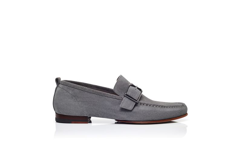 Side view of Lerici, Grey Suede Buckle Slippers - US$538.00