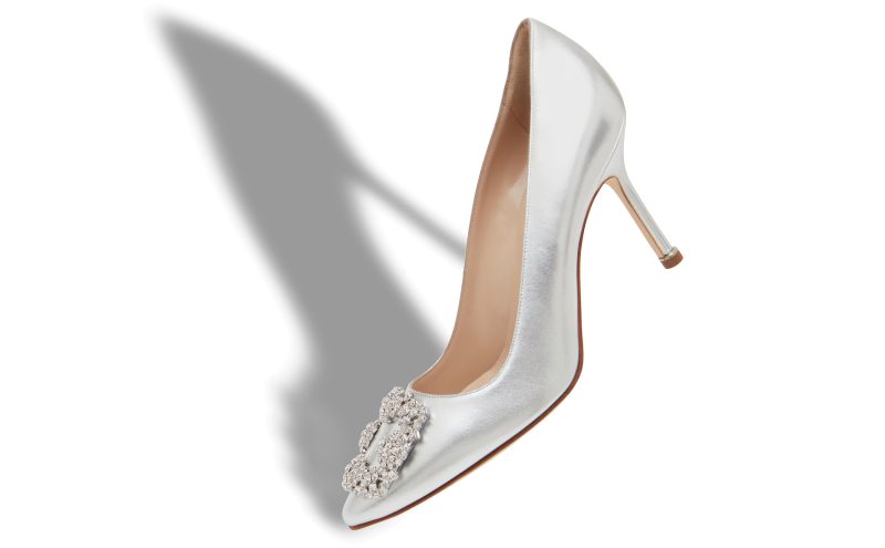 Designer Silver Nappa Leather Jewel Buckle Pumps
