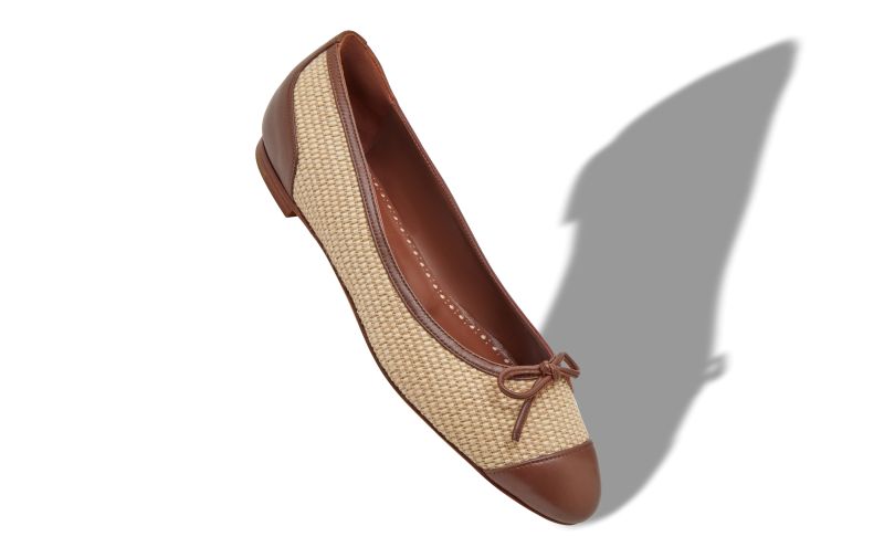 Capbal, Cream and Brown Raffia Ballerina Flats - US$438.00 