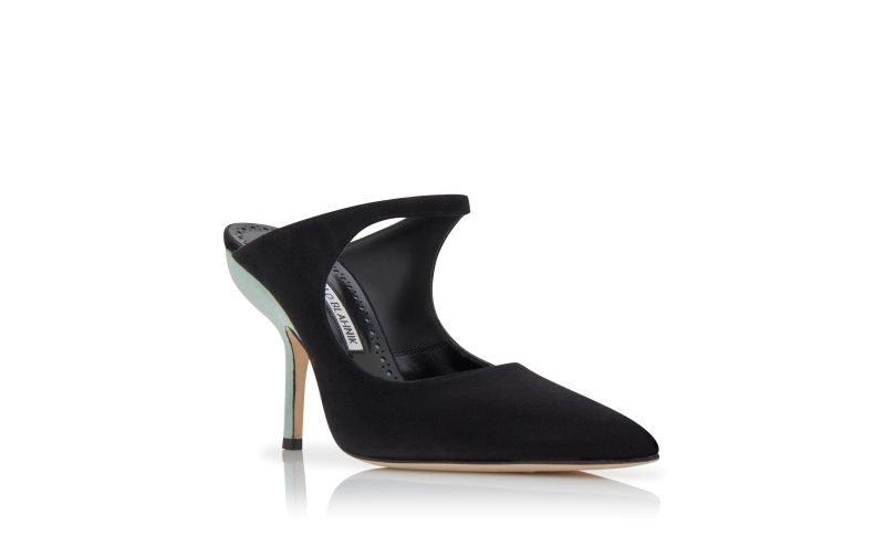 Mera, Black and Green Suede Pointed Toe Mules - US$495.00