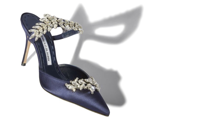 Lurum, Navy Satin Crystal Embellished Mules - £1,075.00 