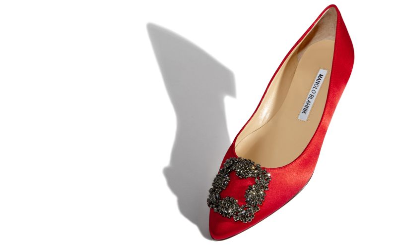 Hangisiflat, Red Satin Jewel Buckle Flat Pumps - US$1,095.00