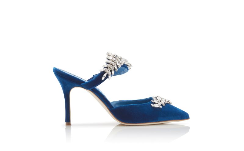 Side view of Designer Bright Blue Velvet Crystal Embellished Mules