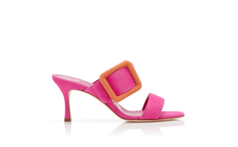 Side view of Designer Bright Pink and Orange Suede Buckle Mules