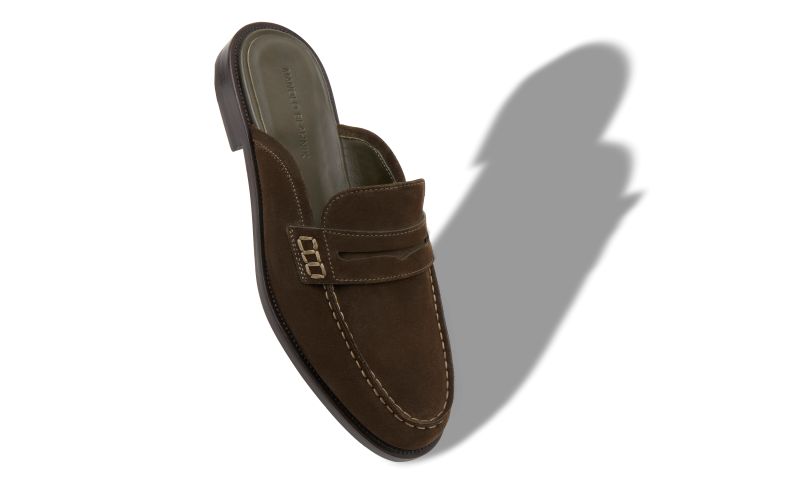 Perrymu, Dark Khaki Suede Backless Penny Loafers - US$845.00 