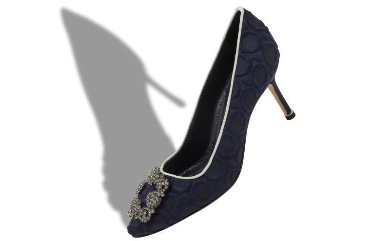Hangisi, Navy Blue Silk Jewel Buckle Pumps - US$1,350.00