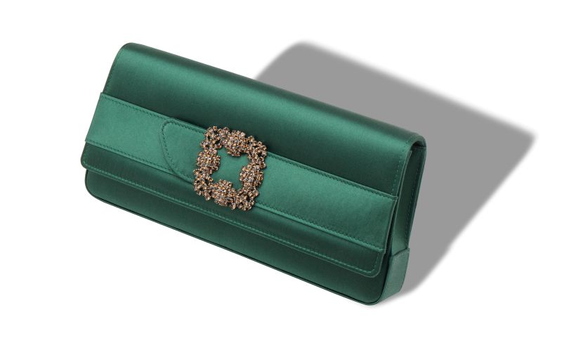Designer Dark Green Satin Jewel Buckle Clutch