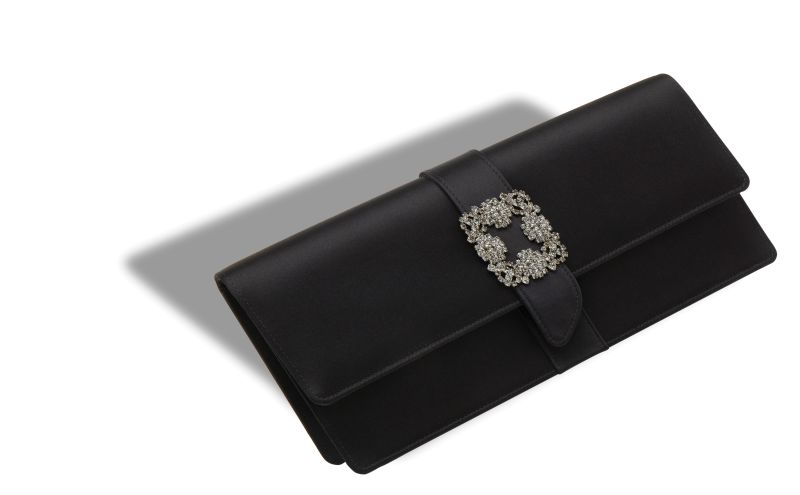 Designer Black Satin Jewel Buckle Clutch