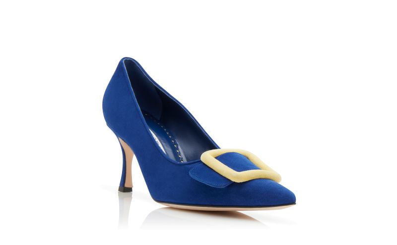 Designer Blue and Yellow Suede Buckle Pumps