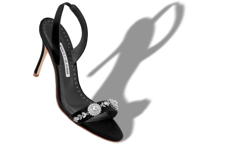 Lamisan, Black Satin Embellished Slingback Sandals - US$657.00 