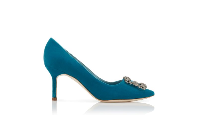 Side view of Designer Blue Velvet Jewel Buckle Pumps