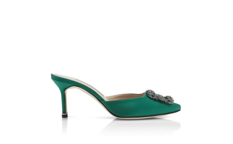 Side view of Hangisimu, Green Satin Jewel Buckle Mules - £845.00