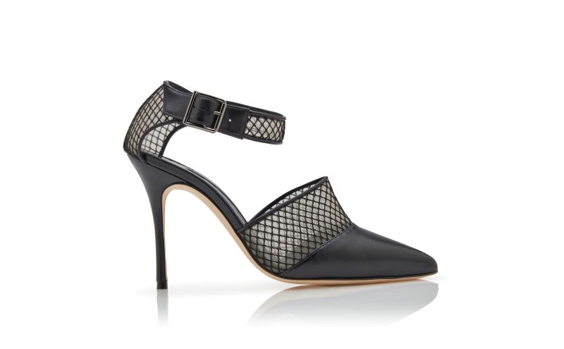Side view of Jatelah, Black Nappa Leather Ankle Strap Pumps - AU$898.00