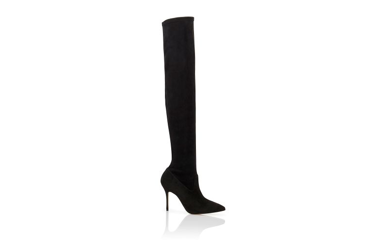 Side view of Pascalarehi , Black Suede Fitted Thigh High Boots - CA$2,335.00