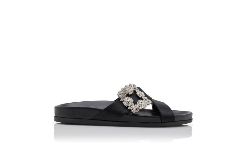Side view of Chilanghi, Black Satin Jewel Buckle Flat Mules - CA$1,425.00