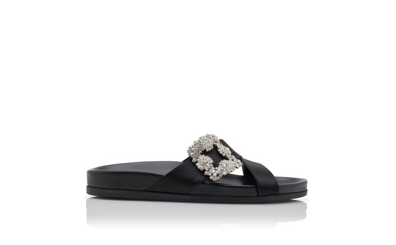 Side view of Chilanghi, Black Satin Jewel Buckle Flat Mules - AU$1,805.00