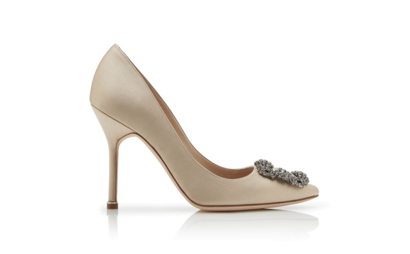 Side view of Hangisi, Champagne Satin Jewel Buckle Pumps - US$1,195.00