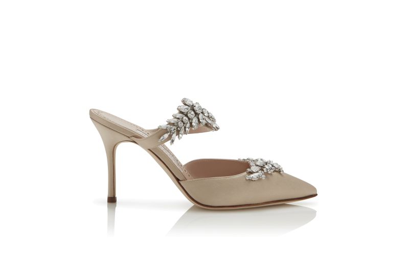Side view of Lurum, Champagne Satin Crystal Embellished Mules - £1,075.00