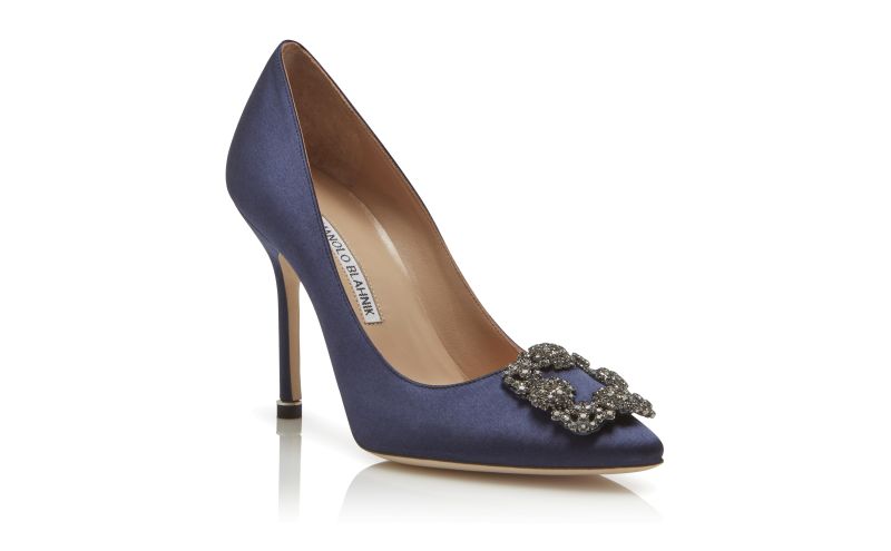 Hangisi, Navy Blue Satin Jewel Buckle Pumps - US$1,195.00