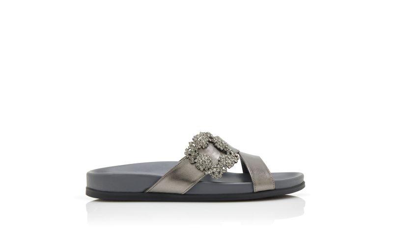 Side view of Designer Graphite Nappa Leather Jewel Buckle Flat Mules