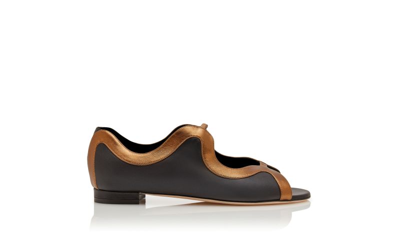 CHILKI, Black and Bronze Nappa Leather Flat Sandals, 1045 USD