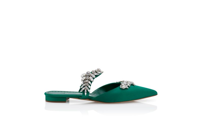 Side view of Lurumflat, Green Satin Crystal Embellished Flat Mules - £1,025.00