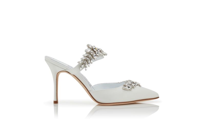 Side view of Lurum, White Satin Crystal Embellished Mules - £1,075.00