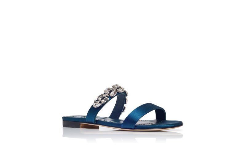 Sakotaflat, Navy Blue Satin Embellished Flat Sandals  - US$1,250.00