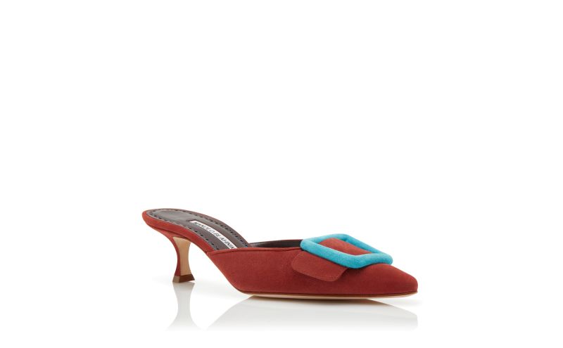 MAYSALEBI, Red and Light Blue Suede Buckle Mules, 675 GBP