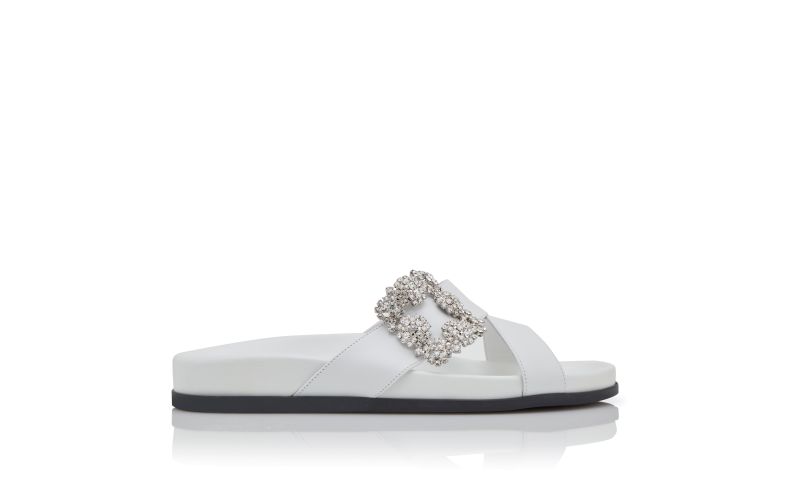 Side view of Chilanghi, White Calf Leather Jewel Buckle Flat Mules - €1,075.00