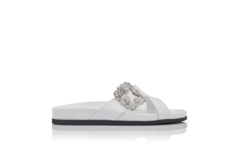 Side view of Chilanghi, White Calf Leather Jewel Buckle Flat Mules - US$1,195.00