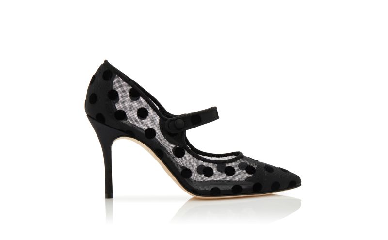 Side view of Designer Black Mesh Polka Dot Pointed Toe Pumps