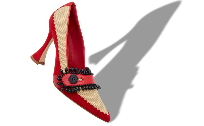 Trebeda, Red and Beige Raffia Pointed Toe Pumps - AU$1,123.00 