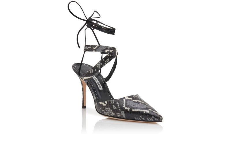 Amirat, Black and White Snakeskin Ankle Tie Pumps - US$1,045.00