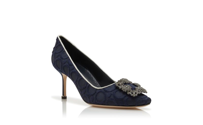 Hangisi, Navy Blue Silk Jewel Buckle Pumps - US$1,350.00