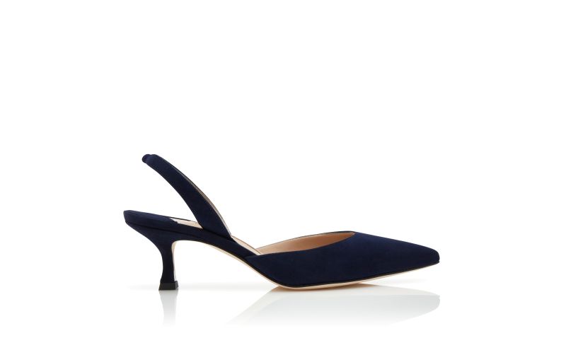 Side view of Carolyne 50, Navy Blue Suede Slingback Pumps - €745.00