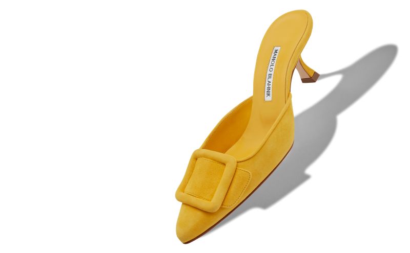 Maysale, Yellow Suede Buckle Mules - US$795.00 