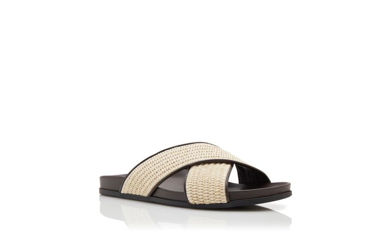 CHILTERN, Dark Cream and Brown Raffia Flat Sandals, 675 USD