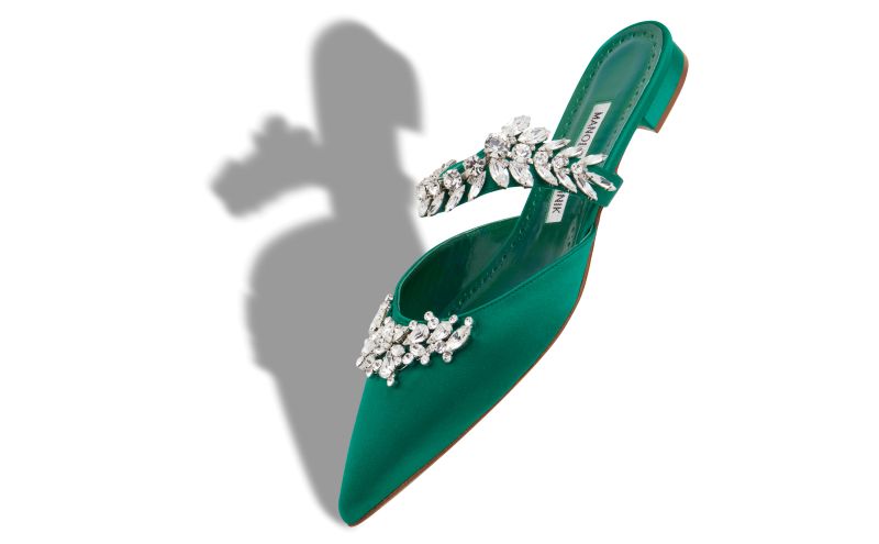 Designer Green Satin Crystal Embellished Flat Mules