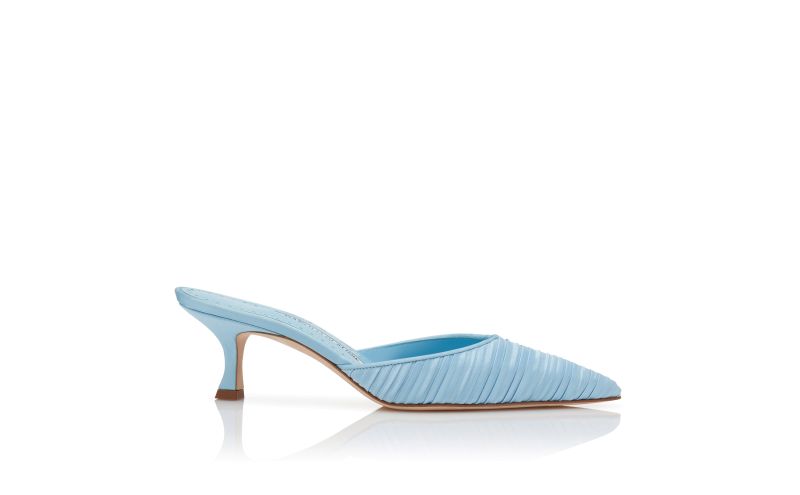 Side view of Carolynemu, Light Blue Satin Pointed Toe Mules - AU$698.00