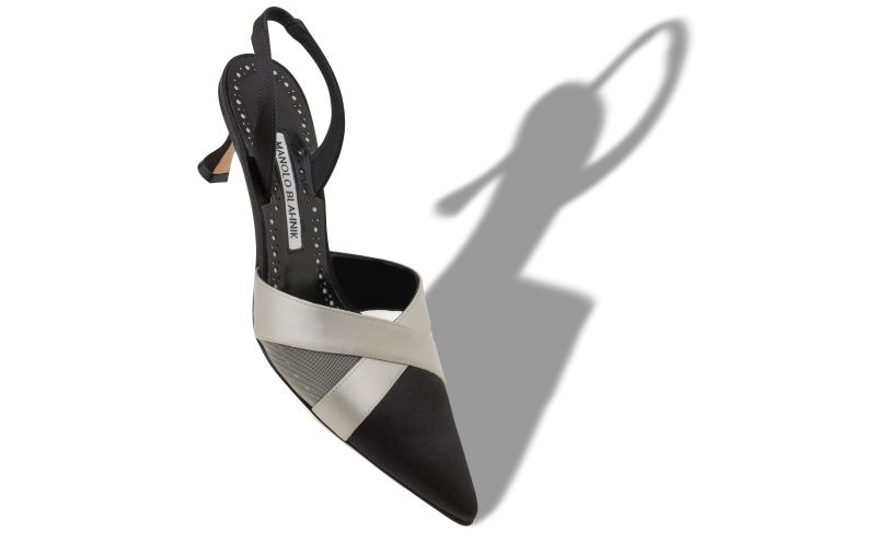 Oyounasli, Black and Grey Satin Crossover Slingback Pumps - US$483.00 