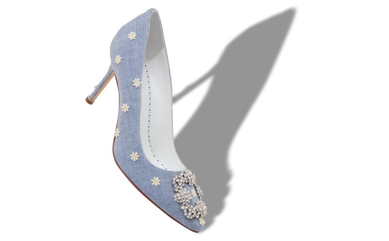 Hangisi 90, Blue and White Chambray Jewel Buckle Pumps - £945.00 