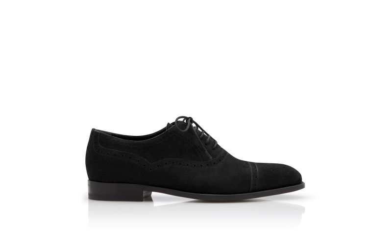 Side view of Witney, Black Suede Cap Toe Oxfords - US$845.00