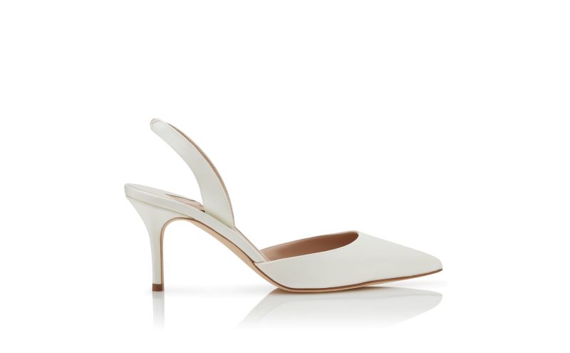 Side view of Carolyne 70, Light Cream Satin Slingback Pumps - US$935.00