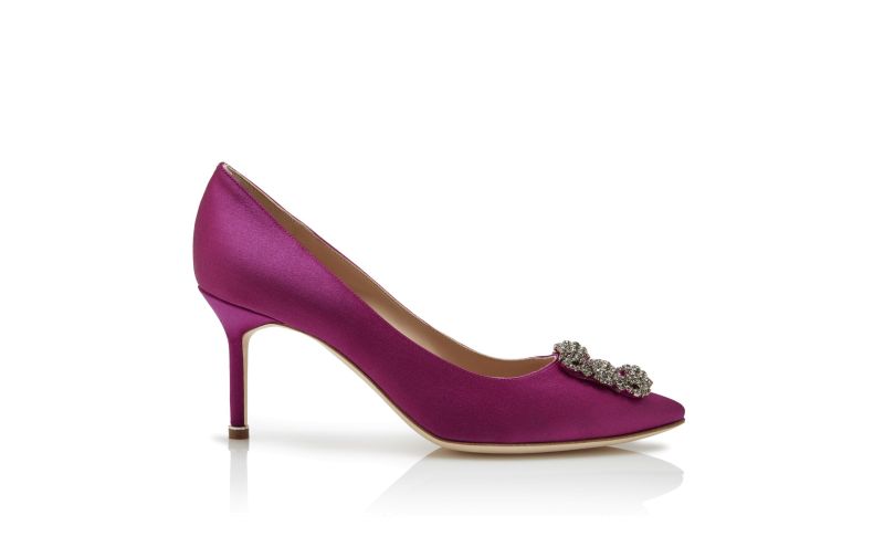 Side view of Hangisi 70, Dark Fuchsia Satin Jewel Buckle Pumps - AU$1,945.00