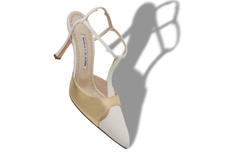 Turgimodhi, Cream and Gold Cotton T-Bar Pumps - US$945.00 
