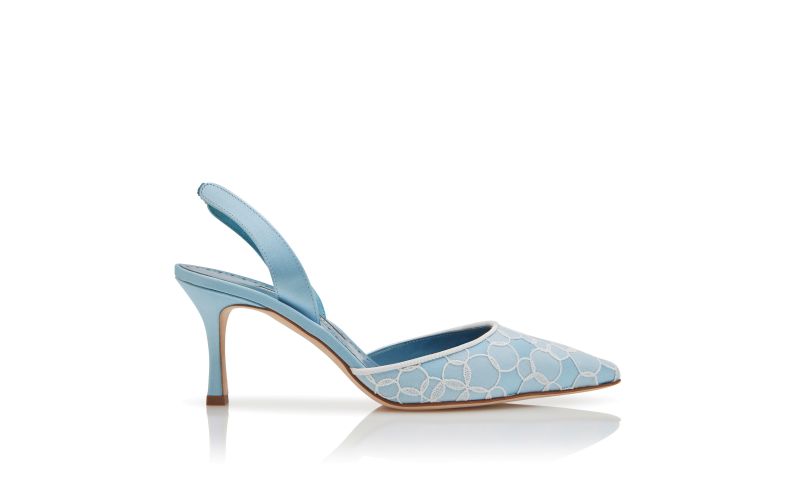 Side view of Carolyne 70, Blue Satin Slingback Pumps - US$483.00