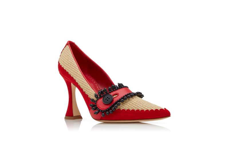 Trebeda, Red and Beige Raffia Pointed Toe Pumps - AU$1,123.00