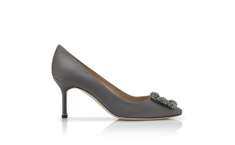 Side view of Hangisi 70, Dark Grey Satin Jewel Buckle Pumps - US$1,195.00