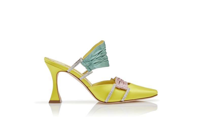 Side view of Chinci, Yellow, Pink and Teal Satin Gathered Mules - £1,225.00
